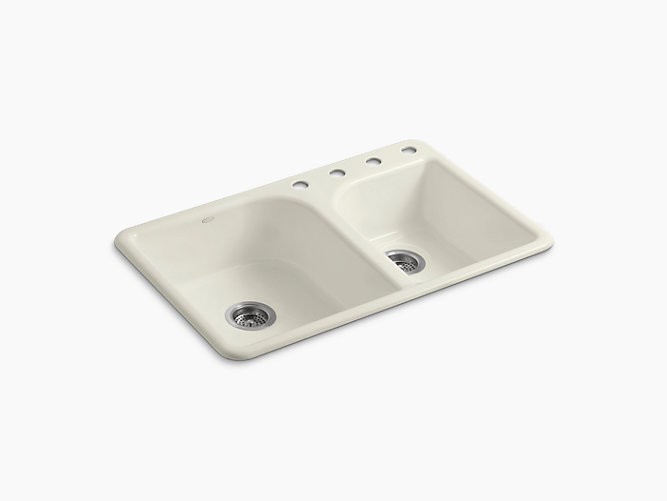 Kohler | 5948-4-96 | 5948-4-96 Efficiency 33" x 22" x 7-5/8" top-mount large/medium double-bowl kitchen sink with 4 faucet holes
